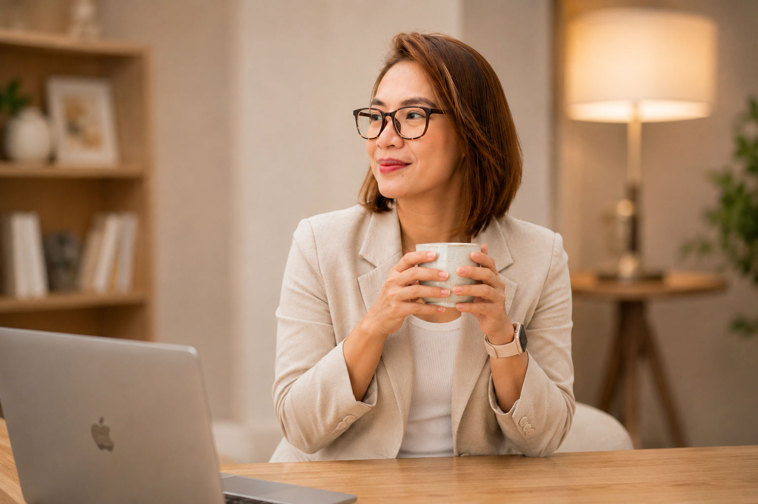 Doreethy working at her laptop with a cup of coffee