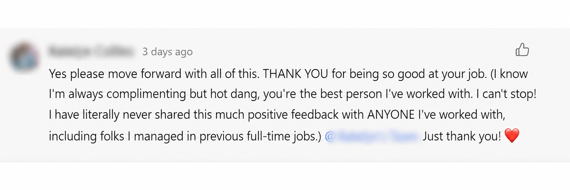 Client message thanking Doreethy and calling her the best person they've worked with
