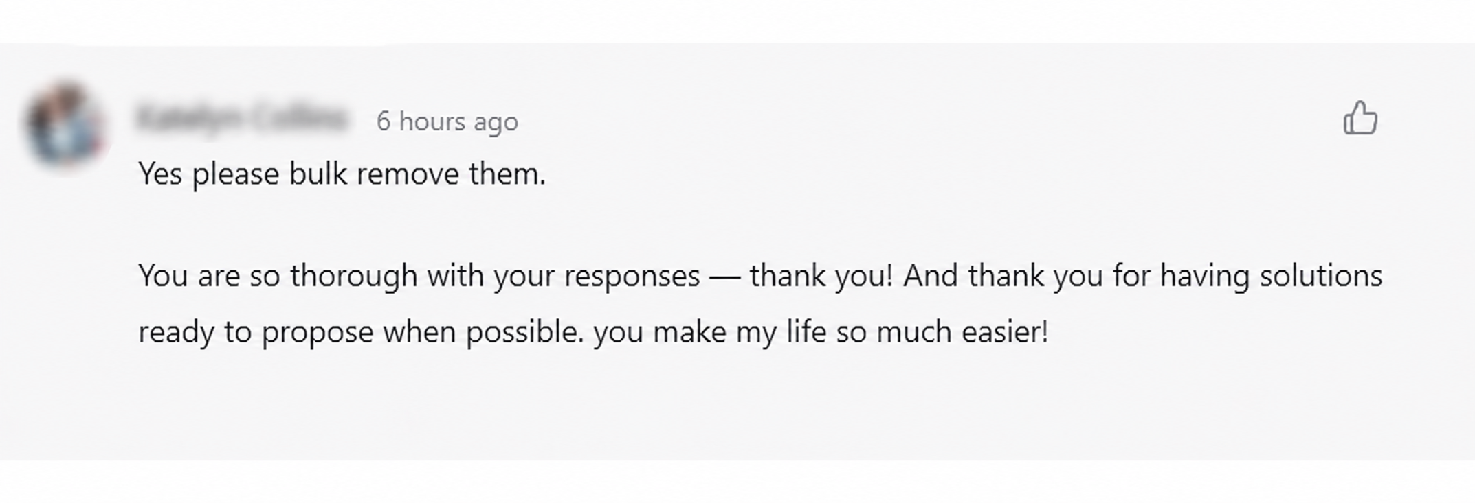 Client message thanking Doreethy for being thorough and proposing solutions